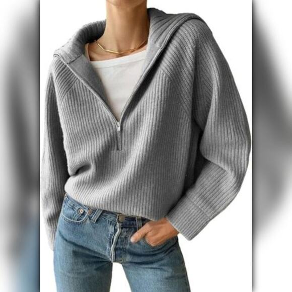 A264 • WAYF Light Heather Grey Zip Collar Knit Sweater - Picture 5 of 6